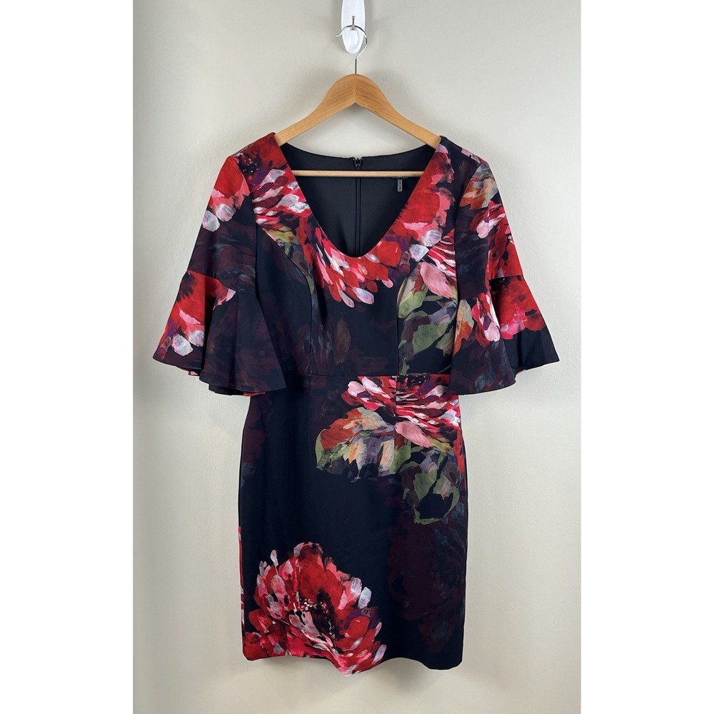Trina Turk Floral Print V-Neck Bell Sleeve Sheath Dress Size 2 Formal‎